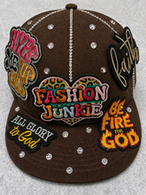 Load image into Gallery viewer, Faith-Based Custom Rhinestone size 7-5/8 fitted Hat – “Fashion Junkie” Christian Streetwear Cap