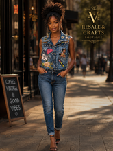 Load image into Gallery viewer, Women’s Upcycled Denim Statement Vest | Pearl & Rhinestone Embellished | “God’s Girl” Patchwork Fashion Vest