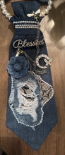 Load image into Gallery viewer, Upcycled Denim Necktie Necklace “Blessed” | Pearl Statement Necklace | Coach Denim Jewelry | Handmade Wearable Art