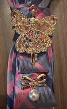 Load image into Gallery viewer, Pink & Blue Plaid Necktie Statement Necklace with Fairy Brooch and Bee Accents
