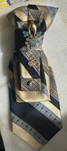 Load image into Gallery viewer, Upcycled Necktie Pearl Necklace – Navy, Gold & Silver Statement Brooch Design