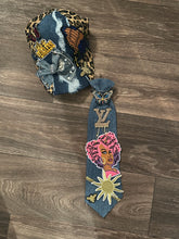 Load image into Gallery viewer, Custom Denim Statement Set – Embellished Hat & Designer-Inspired Tie with Afrocentric Art