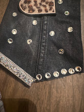 Load image into Gallery viewer, “FIERCE” Black Statement Tie Necklace with Rhinestones & Leopard Heart Accents – Bold Upcycled Fashion Piece