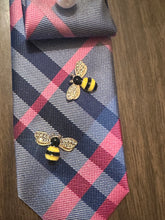 Load image into Gallery viewer, Pink & Blue Plaid Necktie Statement Necklace with Fairy Brooch and Bee Accents