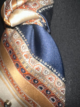 Load image into Gallery viewer, Beige and Navy Statement Necktie Necklace with Gold Star Brooch and Pearl Accents