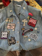 Load image into Gallery viewer, Faith-Inspired Embroidered Denim Jacket | Size 16 | Custom Patch Christian Statement Jacket