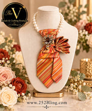 Load image into Gallery viewer, Autumn Elegance Upcycled Necktie Statement Necklace with Pearls and Jeweled Brooch