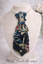 Load image into Gallery viewer, Upcycled Denim & Necktie Necklace with Pearl & Rhinestone Brooch | Statement Jewelry for Women