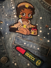 Load image into Gallery viewer, Women’s Upcycled Denim Statement Vest | Pearl & Rhinestone Embellished | “God’s Girl” Patchwork Fashion Vest