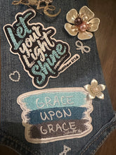 Load image into Gallery viewer, Faith-Inspired Denim Statement Tie Necklace | Handmade Embellished Pearl & Brooch Tie