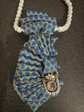 Load image into Gallery viewer, Blue & Gold Upcycled Necktie Statement Necklace with Pearls & Brooch