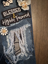 Load image into Gallery viewer, Upcycled Denim Necktie Necklace “Blessed & Highly Favored” | Handmade Statement Necklace | Faith Inspired Denim Jewelry