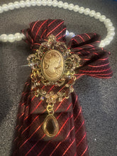 Load image into Gallery viewer, One-of-a-Kind Burgundy & Black Upcycled Necktie Necklace with Cameo Brooch & Pearls | Women’s Statement Tie