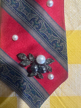 Load image into Gallery viewer, Red Burgundy Statement Tie Necklace with Pearl & Gunmetal Accents – Handmade Upcycled Business Chic Accessory