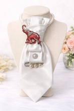 Load image into Gallery viewer, White Satin Statement Tie Necklace with Red Rhinestone Elephant Brooch | Pearl & Crystal Couture Accessory