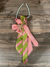 Load image into Gallery viewer, Pink & Green Upcycled Women’s Necktie Necklace with Pearls | Statement Tie Jewelry with Brooch Choice
