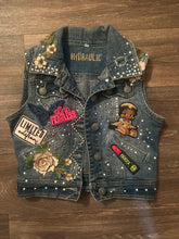 Load image into Gallery viewer, Women’s Upcycled Denim Statement Vest | Pearl & Rhinestone Embellished | “God’s Girl” Patchwork Fashion Vest