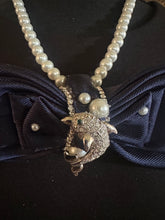 Load image into Gallery viewer, Elegant Navy Pearl Statement Bow Tie Necklace – Dolphin Brooch | 252 Bling Boutique