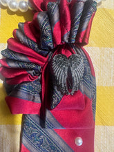 Load image into Gallery viewer, Red Burgundy Statement Tie Necklace with Pearl & Gunmetal Accents – Handmade Upcycled Business Chic Accessory