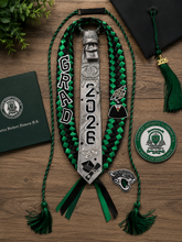 Load image into Gallery viewer, 2026 Custom Graduation Necktie & Stole Set – Green, Black & Silver Senior Keepsake