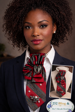 Load image into Gallery viewer, Red Burgundy Statement Tie Necklace with Pearl & Gunmetal Accents – Handmade Upcycled Business Chic Accessory