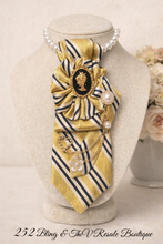 Load image into Gallery viewer, Vintage Cameo Statement Necktie Necklace – Gold & Navy Striped Tie with Pearl and Brooch Accents | 252 Bling & The V Resale Boutique