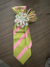 Load image into Gallery viewer, Pink & Olive Green Upcycled Necktie Necklace | Pearl Statement Tie with Rhinestone Brooch | One-of-a-Kind Wearable Art