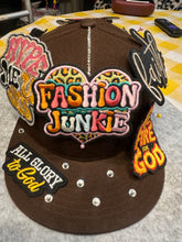 Load image into Gallery viewer, Faith-Based Custom Rhinestone size 7-5/8 fitted Hat – “Fashion Junkie” Christian Streetwear Cap