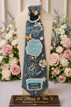 Load image into Gallery viewer, Faith-Inspired Denim Statement Tie Necklace | Handmade Embellished Pearl & Brooch Tie