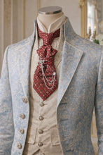 Load image into Gallery viewer, Regency Inspired Red Geometric Necktie with Cross Brooch and Chain Accent