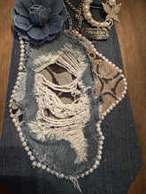 Load image into Gallery viewer, Upcycled Denim Necktie Necklace “Blessed” | Pearl Statement Necklace | Coach Denim Jewelry | Handmade Wearable Art