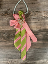 Load image into Gallery viewer, Pink & Green Upcycled Women’s Necktie Necklace with Pearls | Statement Tie Jewelry with Brooch Choice