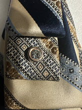 Load image into Gallery viewer, Upcycled Necktie Pearl Necklace – Navy, Gold & Silver Statement Brooch Design