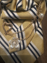 Load image into Gallery viewer, Vintage Cameo Statement Necktie Necklace – Gold & Navy Striped Tie with Pearl and Brooch Accents | 252 Bling & The V Resale Boutique