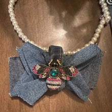 Load image into Gallery viewer, SculptFold™ Denim Bow Statement Necklace – Bee Embellished Designer-Inspired Piece