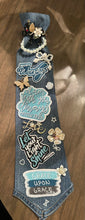 Load image into Gallery viewer, Faith-Inspired Denim Statement Tie Necklace | Handmade Embellished Pearl & Brooch Tie