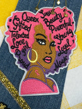 Load image into Gallery viewer, Embellished Denim Tie Necklace – Afrocentric Statement Piece with Pearl Strand & Butterfly Brooch