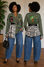 Load image into Gallery viewer, Faith & Fierce Upcycled Peplum Jacket – Mental Health Awareness Statement Jacket | Custom Women’s Boutique Fashion