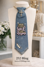 Load image into Gallery viewer, Faith-Inspired Denim Statement Tie | “She Who Kneels Before God” | Handmade Boutique Neckwear