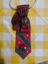 Load image into Gallery viewer, Red Burgundy Statement Tie Necklace with Pearl & Gunmetal Accents – Handmade Upcycled Business Chic Accessory