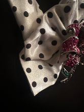 Load image into Gallery viewer, Polka Dot Ruffle Statement Tie Necklace with Rhinestone Floral Brooch