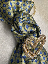 Load image into Gallery viewer, Upcycled Green and Blue patterned Necktie Pearl Necklace with Vintage inspired Heart & Bow Brooch Accents