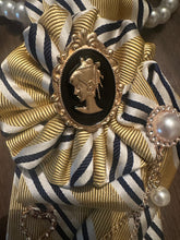 Load image into Gallery viewer, Vintage Cameo Statement Necktie Necklace – Gold & Navy Striped Tie with Pearl and Brooch Accents | 252 Bling & The V Resale Boutique
