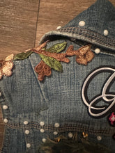 Load image into Gallery viewer, Women’s Upcycled Denim Statement Vest | Pearl & Rhinestone Embellished | “God’s Girl” Patchwork Fashion Vest