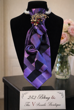 Load image into Gallery viewer, Purple Satin Statement Tie with Butterfly Brooch | Pearl Collar Embellished Tie | Elegant Women’s Neck Tie Accessory