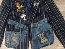 Load image into Gallery viewer, Women’s Size 16 Upcycled Denim Blazer | One-of-a-Kind Faith-Inspired Patchwork Statement Jacket