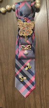 Load image into Gallery viewer, Pink & Blue Plaid Necktie Statement Necklace with Fairy Brooch and Bee Accents