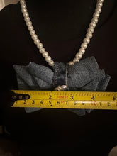 Load image into Gallery viewer, Denim Bow Pearl Statement Necklace with Rhinestone Center SculptFold™ Bow Necklace