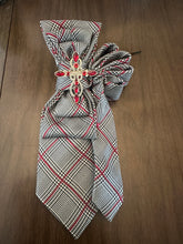 Load image into Gallery viewer, Houndstooth Plaid Upcycled Necktie Necklace with Red Jeweled Brooch & Pearls | Women’s Statement Tie