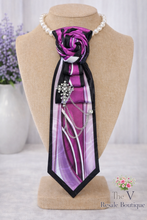 Load image into Gallery viewer, Pink & Purple Pearl Necklace Tie with Cross Brooch – Handmade Statement Tie Necklace | The V Resale Boutique